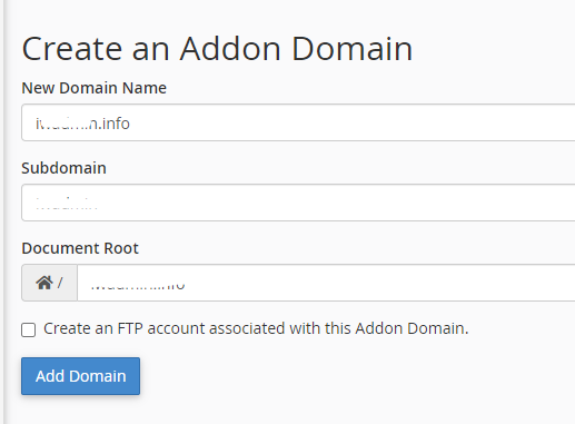 cPanel addon domains page