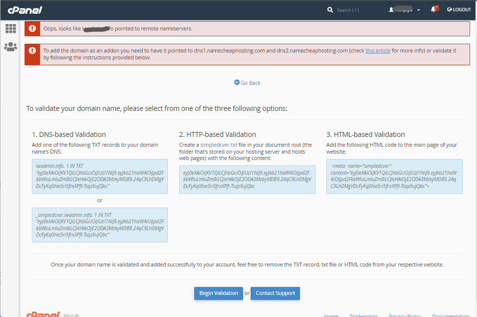 cPanel addon domain validation process