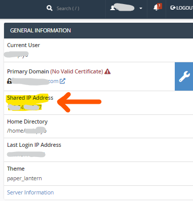 Finding the IP address of the hosting account in cPanel