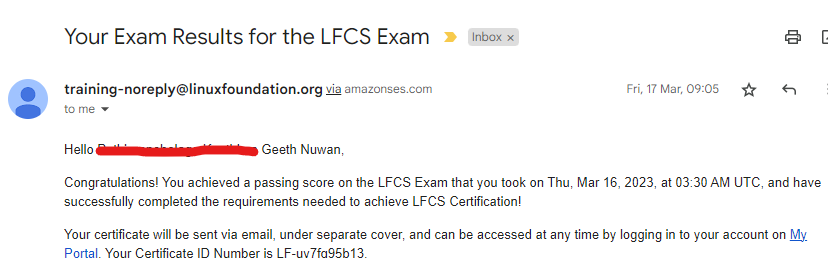LFCS (Linux Foundation Certified System Administrator) pass confirmation email