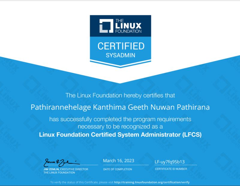 My LFCS Certificate from the Linux Foundation